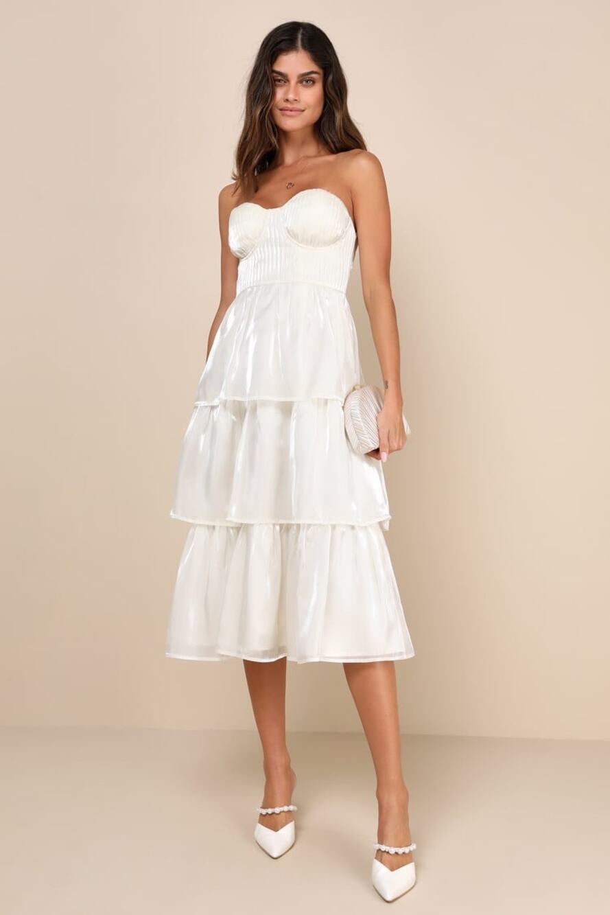 NWT Lulus Com-pleat-ly Charming Ivory Organza Tiered Strapless Midi Dress Sz M